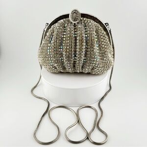 Vintage Delill Silver Rhinestone Clutch Evening Bag Chain Strap Formal Sparkly